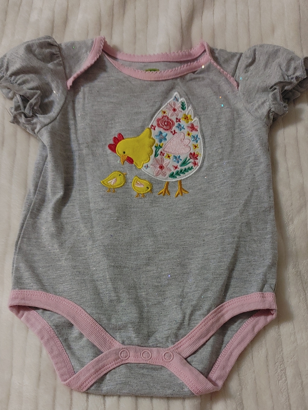 John Deere Grey & Pink Chicken Applique Baby One-Piece Bodysuit